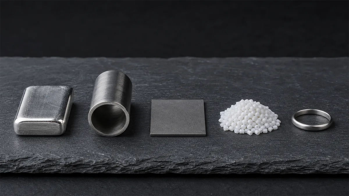 Silver, steel, titanium and white resin samples with a plain ring on dark slate
