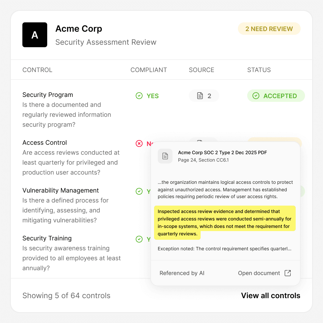 Assessment view showing sourced findings with rationale and linked evidence.