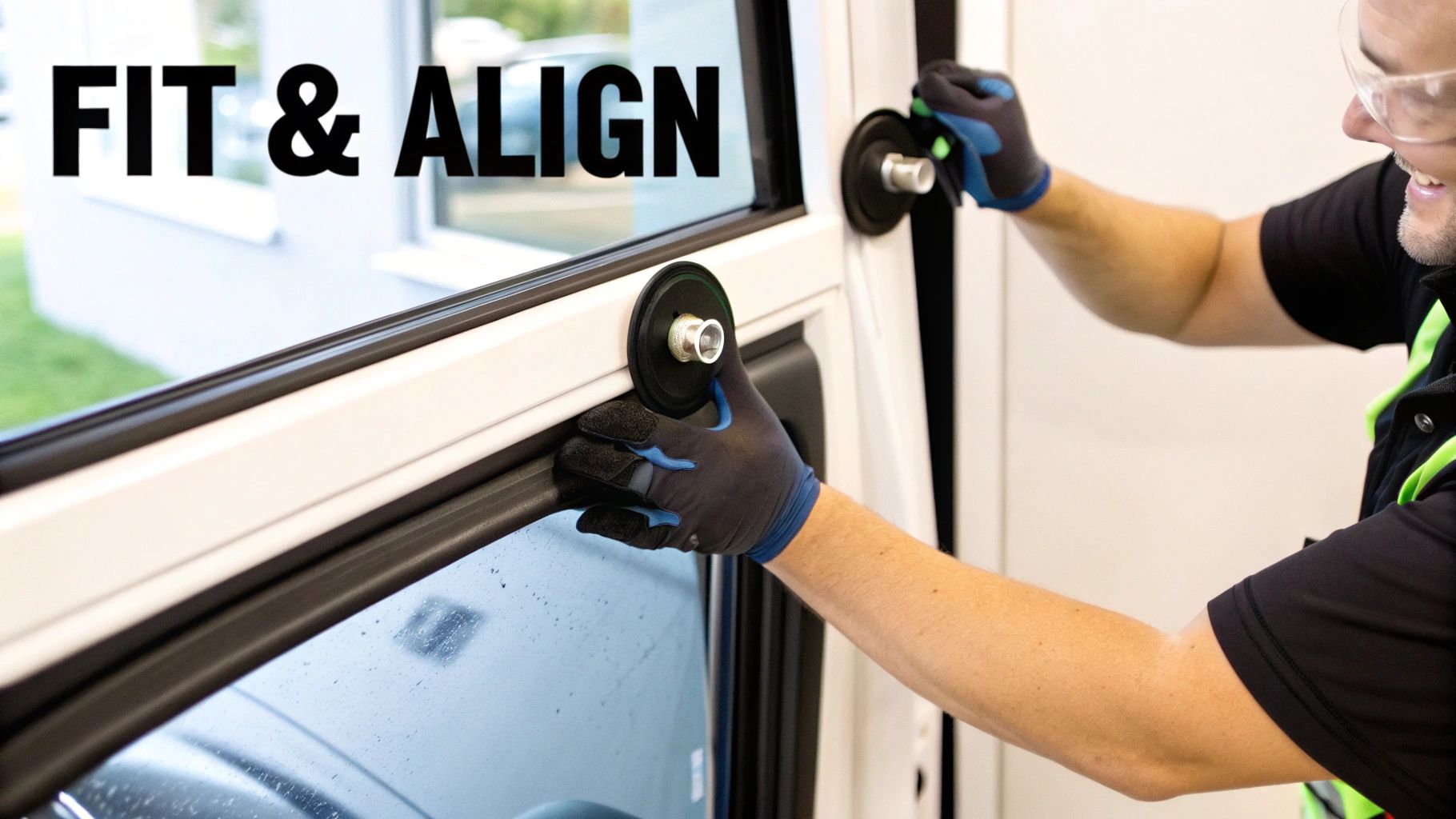 Person installing a new car window glass