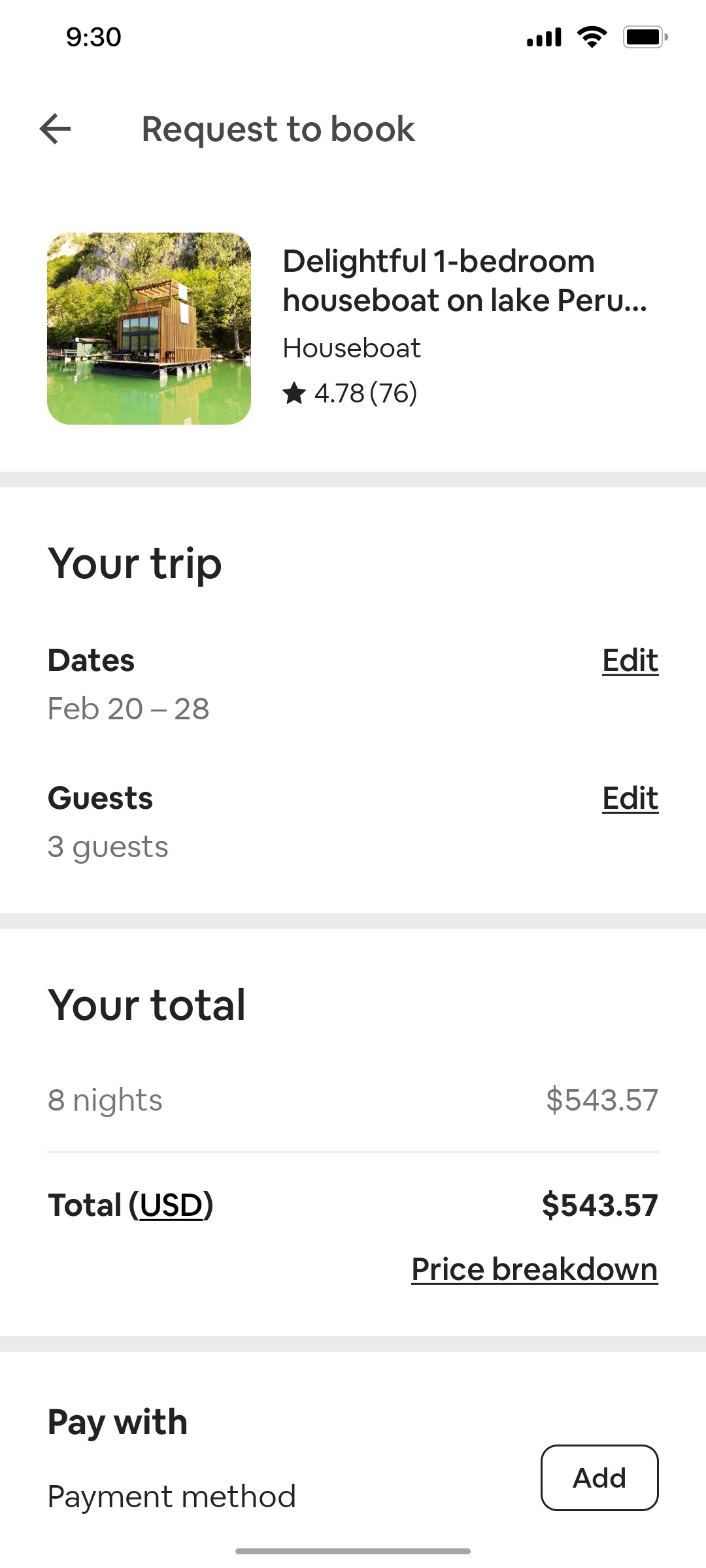Airbnb Request to book screen