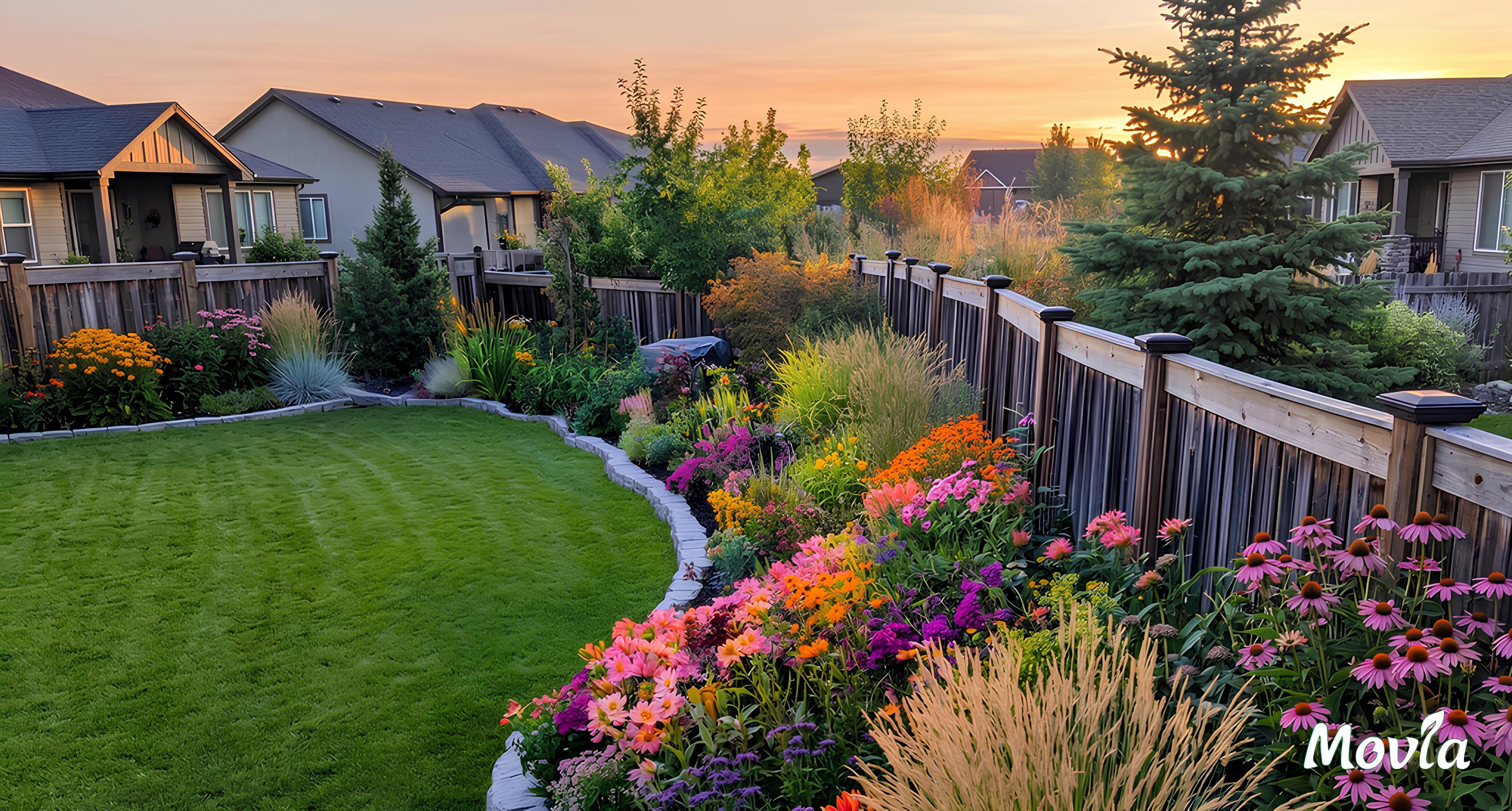 ფერადი ყვავილების ბაღი და იდეალურად გათიბული გაზონი ლამაზი ლანდშაფტური დიზაინით.