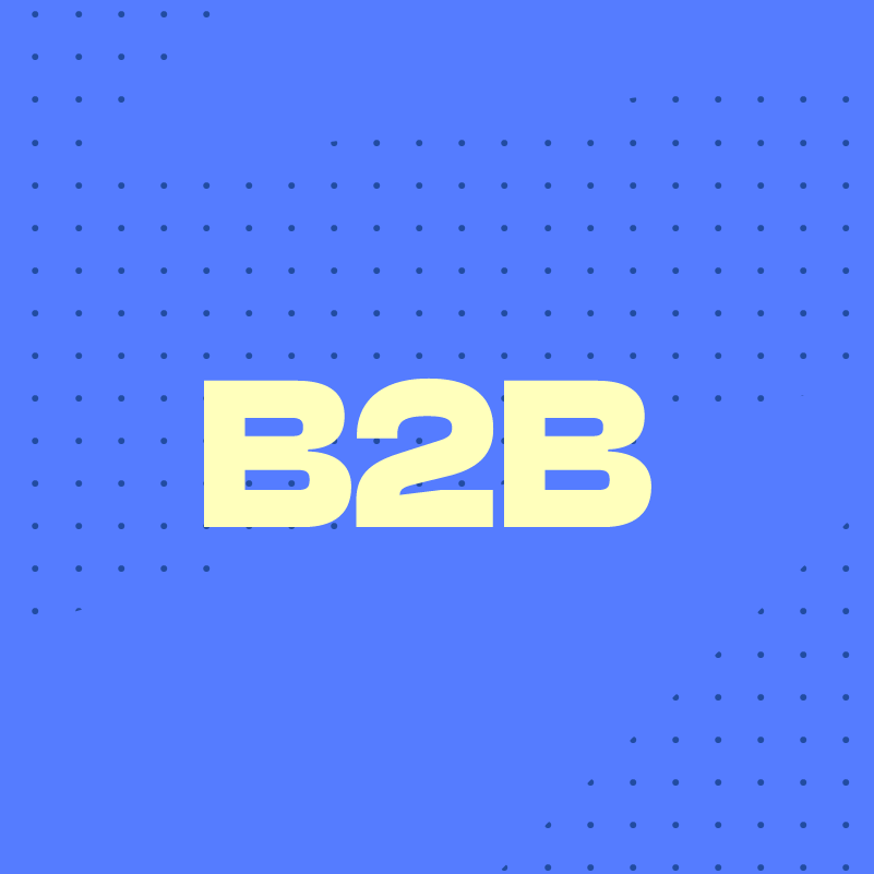 A butter yellow text saying 'B2B' on a light blue dotted background