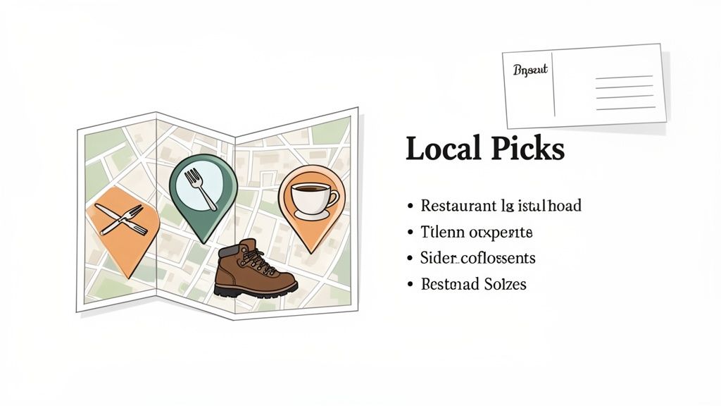 An illustrated map showing local attractions, food, and drink recommendations, along with a hiking boot and a postcard.