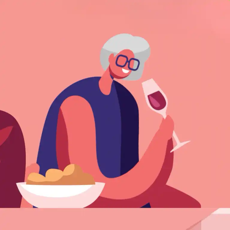 detail van de animatie met grootmoeder die een glas drinkt