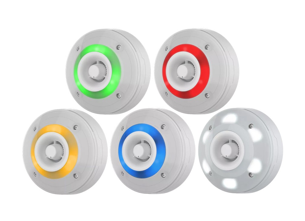 Product photo of 5 different colored Axis sirens and strobes