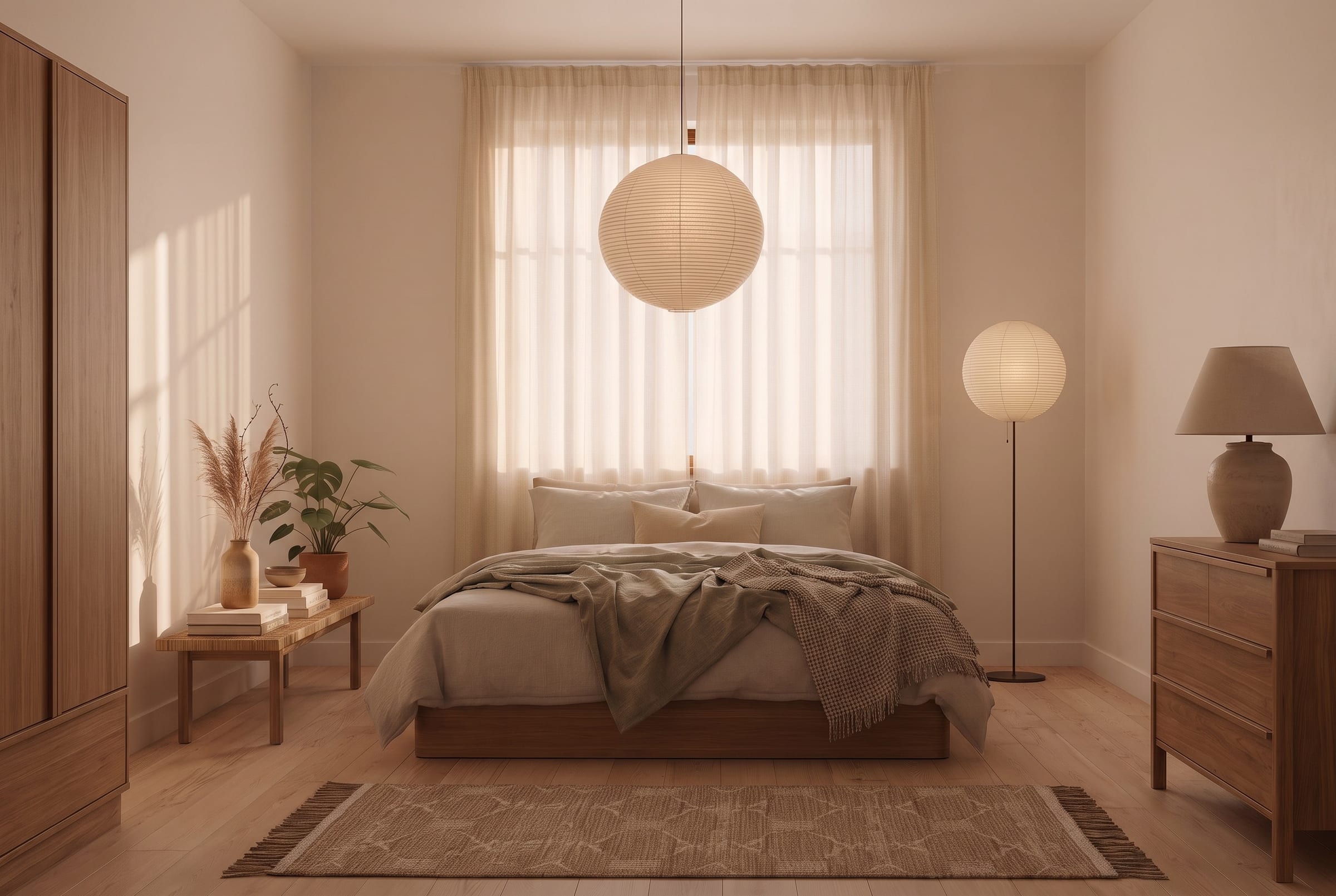 Helles Schlafzimmer mit runder Papier-Pendelleuchte über dem Bett, kugelförmiger Papier-Stehleuchte, Tischleuchte auf einer Holzkommode, Holzbett mit Leinenbettwäsche und Teppich