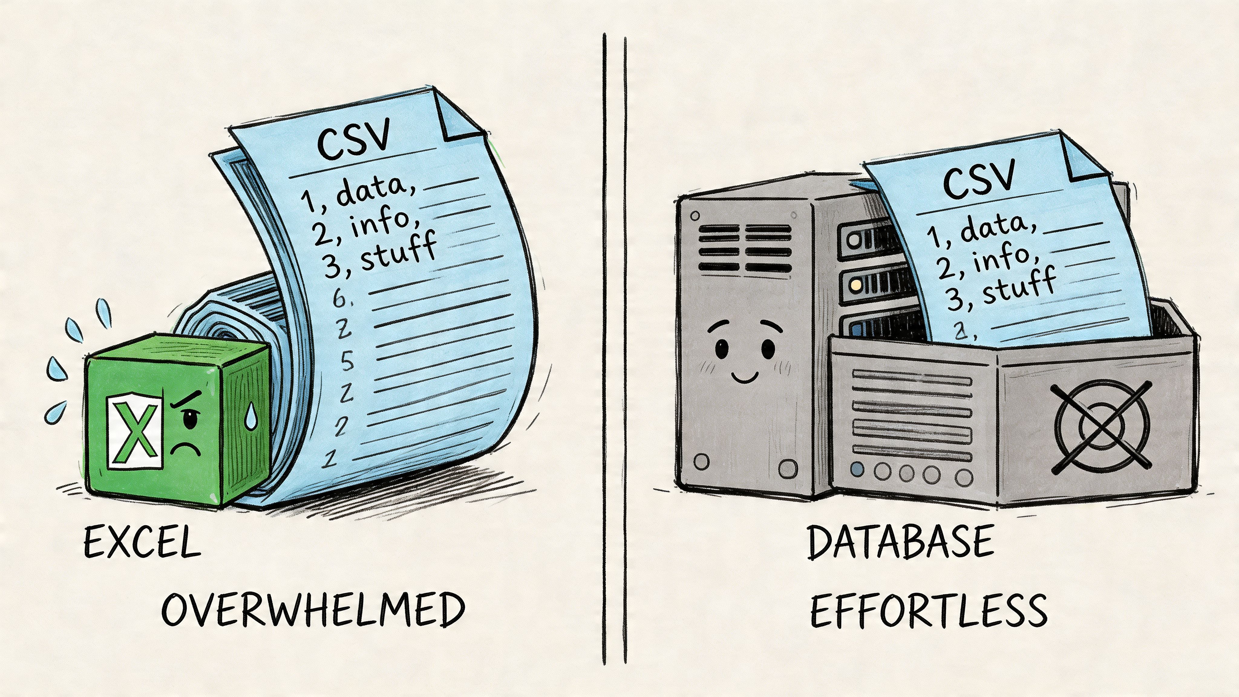 A split image contrasting an overwhelmed Excel icon processing CSV data versus a happy server handling it.