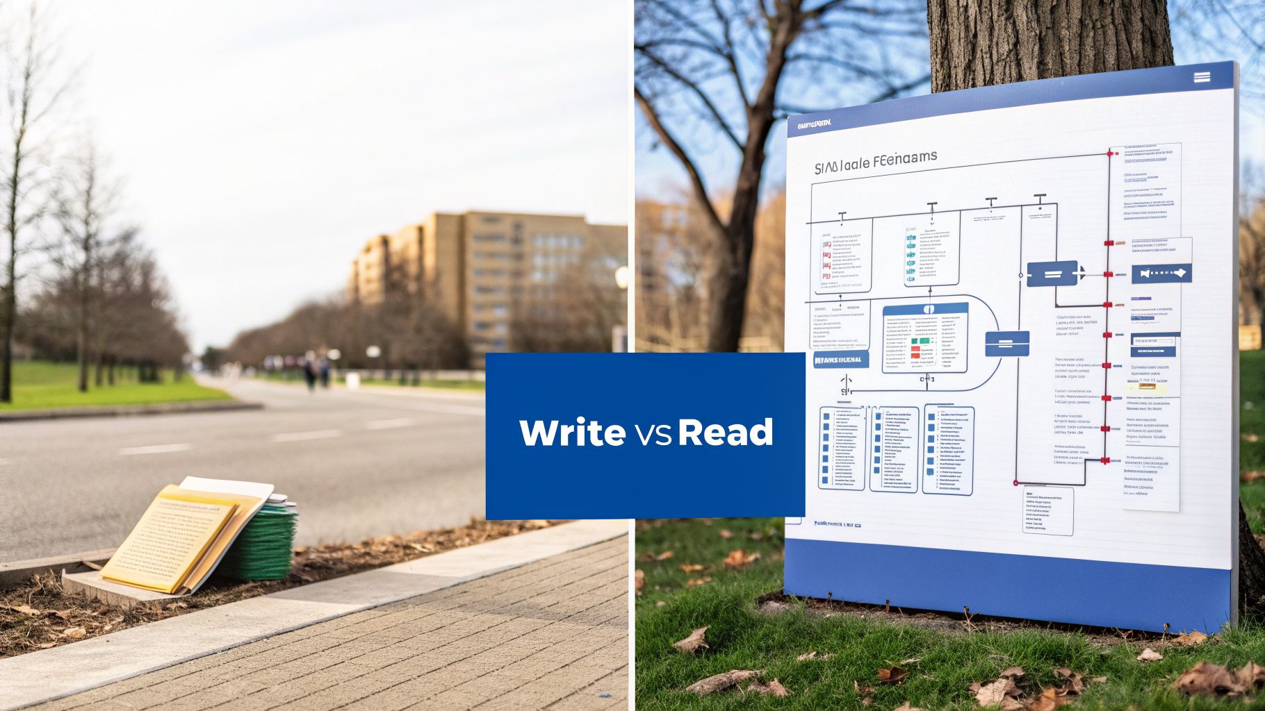 A comparison of 'Write vs Read' with physical books on a curb and a technical diagram outdoors.