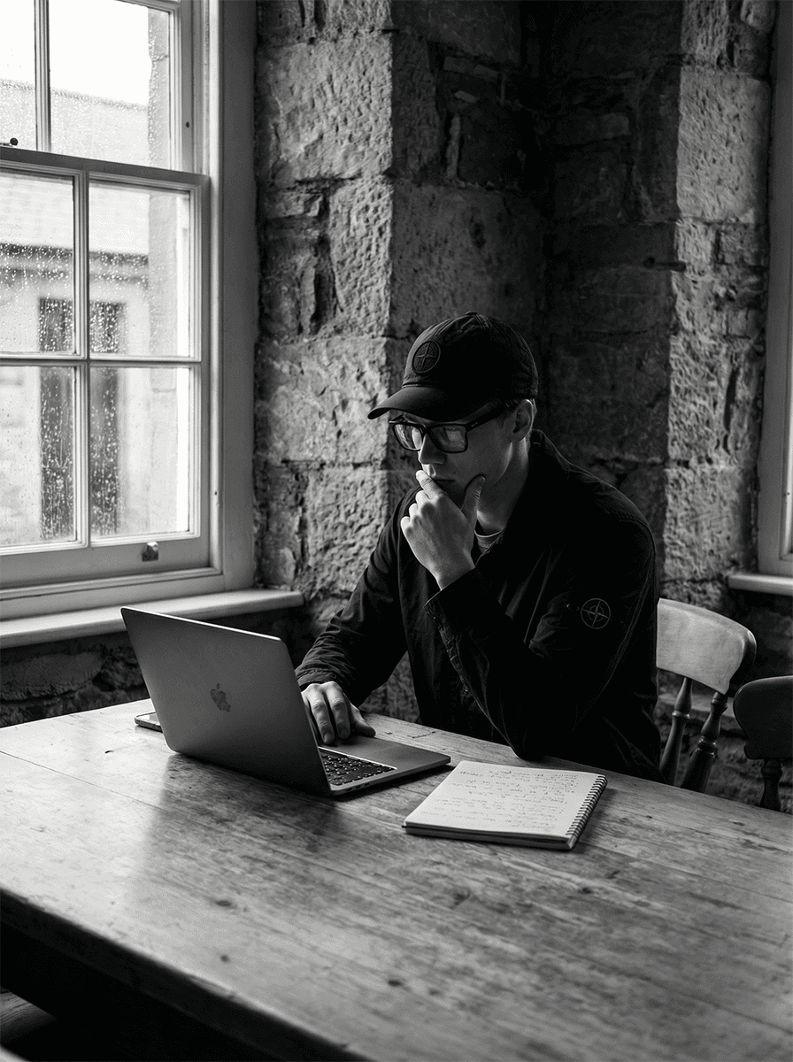 Black and white portrait of a creative professional working on a laptop in a stone interior workspace.