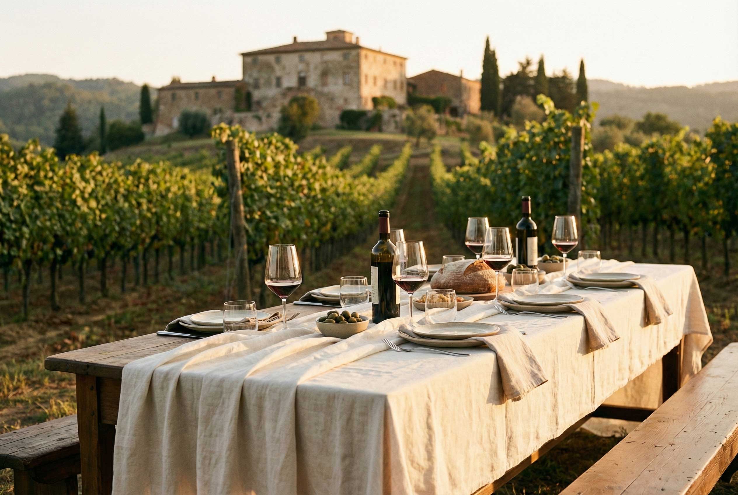 A rustic outdoor dining table set with wine glasses, cutlery, bread, and olives sits amidst lush vineyard rows, with a historic Tuscan villa in the background under a serene sky, capturing the essence of a picturesque Italian countryside landscape.