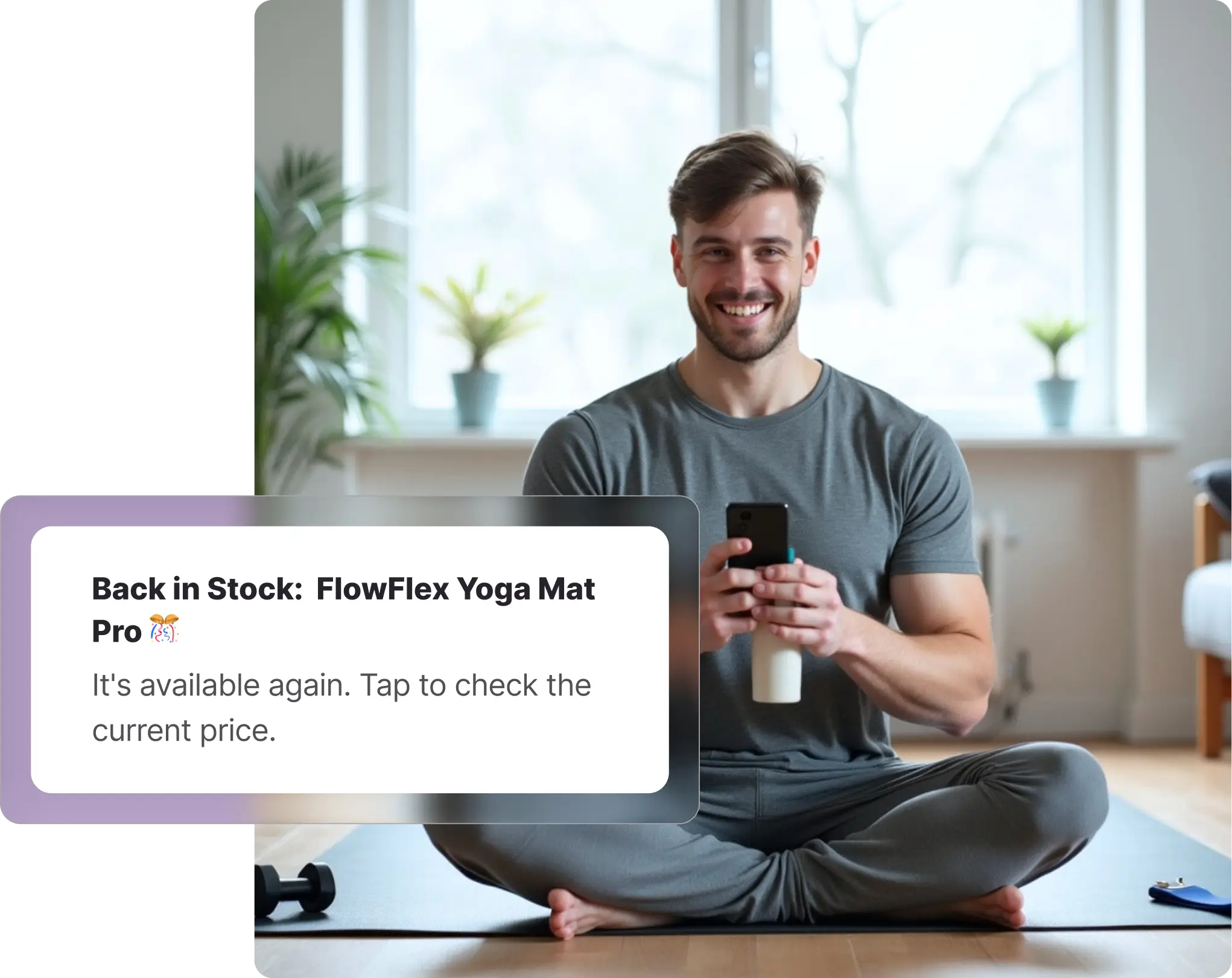 A smiling man wearing activewear sitting cross-legged on a grey yoga mat holding his smartphone, with dumbbells and houseplants visible in the background. Overlaid on the image is a Whisprice digital notification displaying a back-in-stock alert for a Nike product, specifically the "FlowFlex Yoga Mat Pro," prompting the user to tap and check the current price.