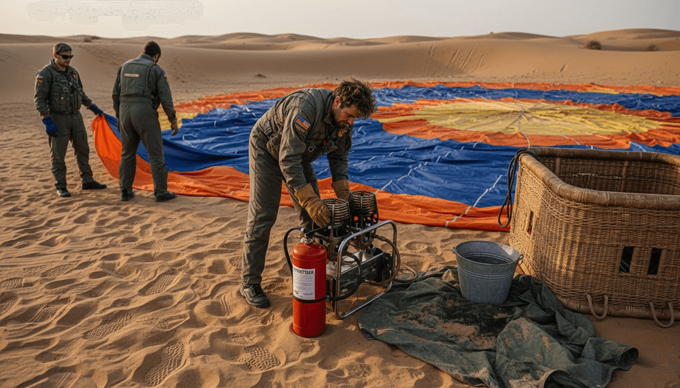 Dans l’immensité du désert, une équipe s’affaire autour d’une montgolfière, préparant minutieusement son envol.