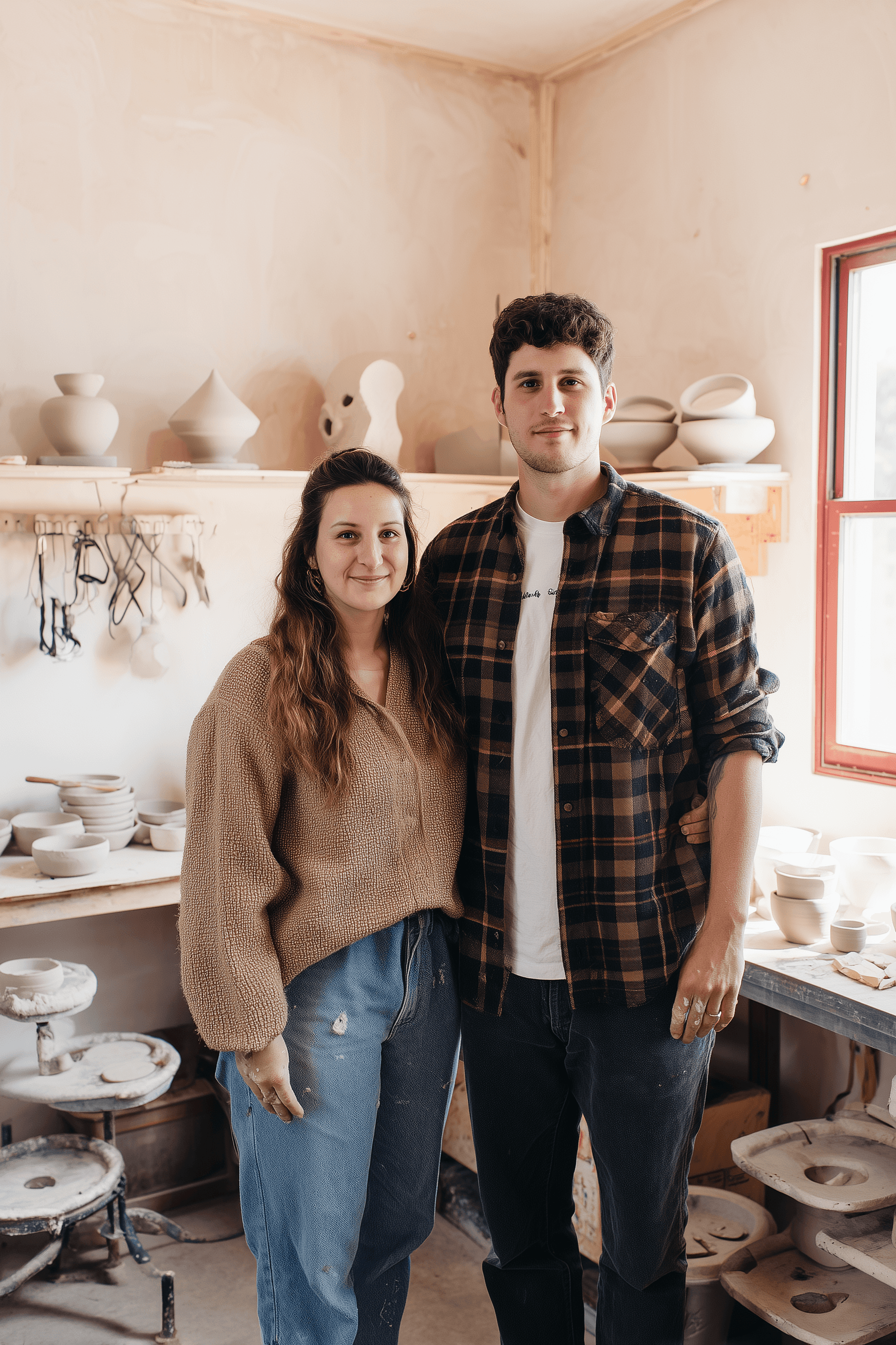 Young couple standing together in a pottery studio, smiling and surrounded by handmade ceramic pieces.