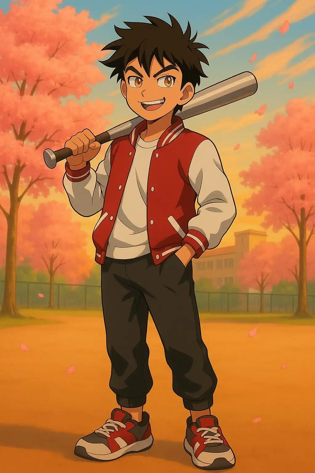 Baseball anime boy in sunset with ai character generator.