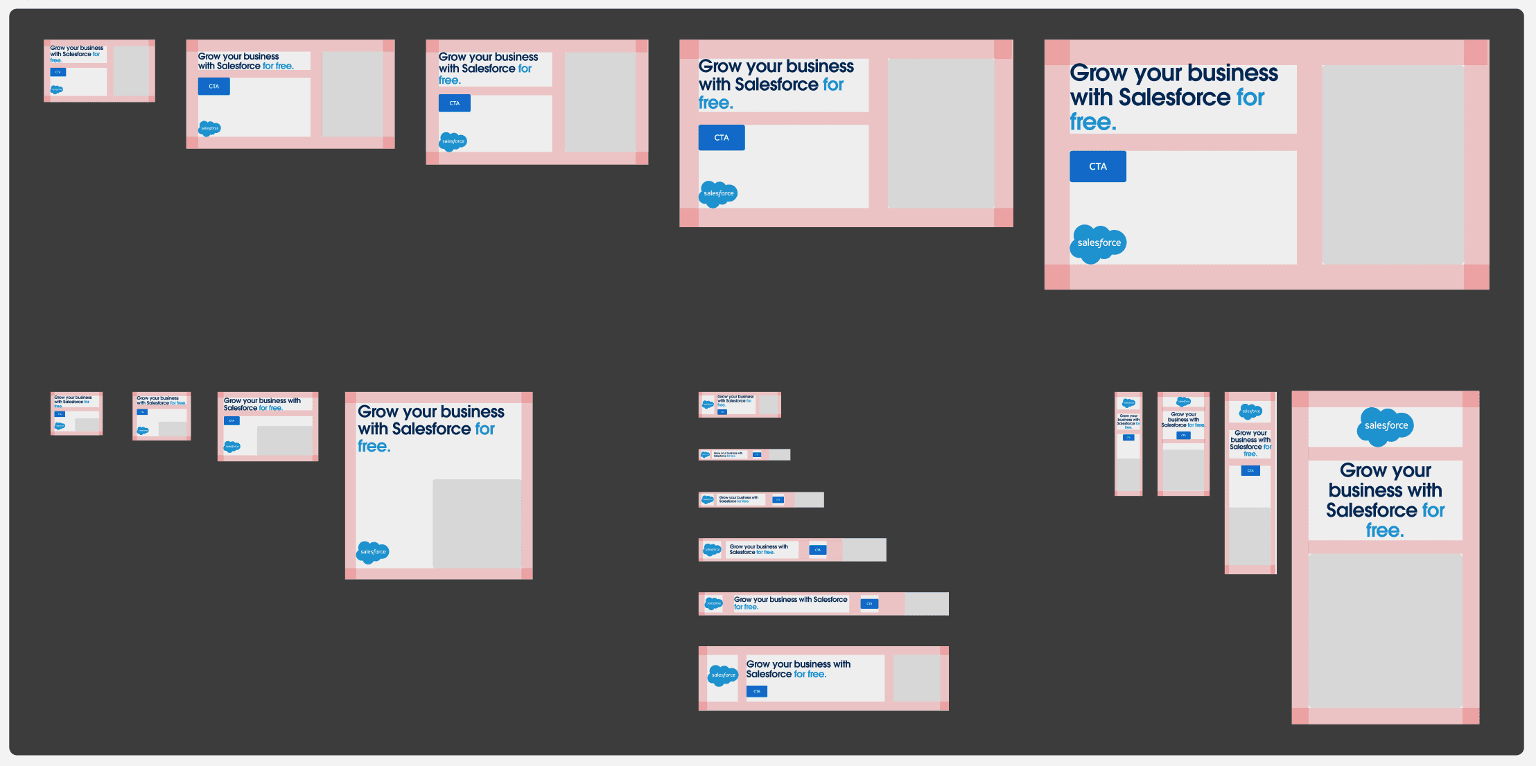 Figma component matrix showing Salesforce campaign layouts across square, landscape, banner, and portrait formats