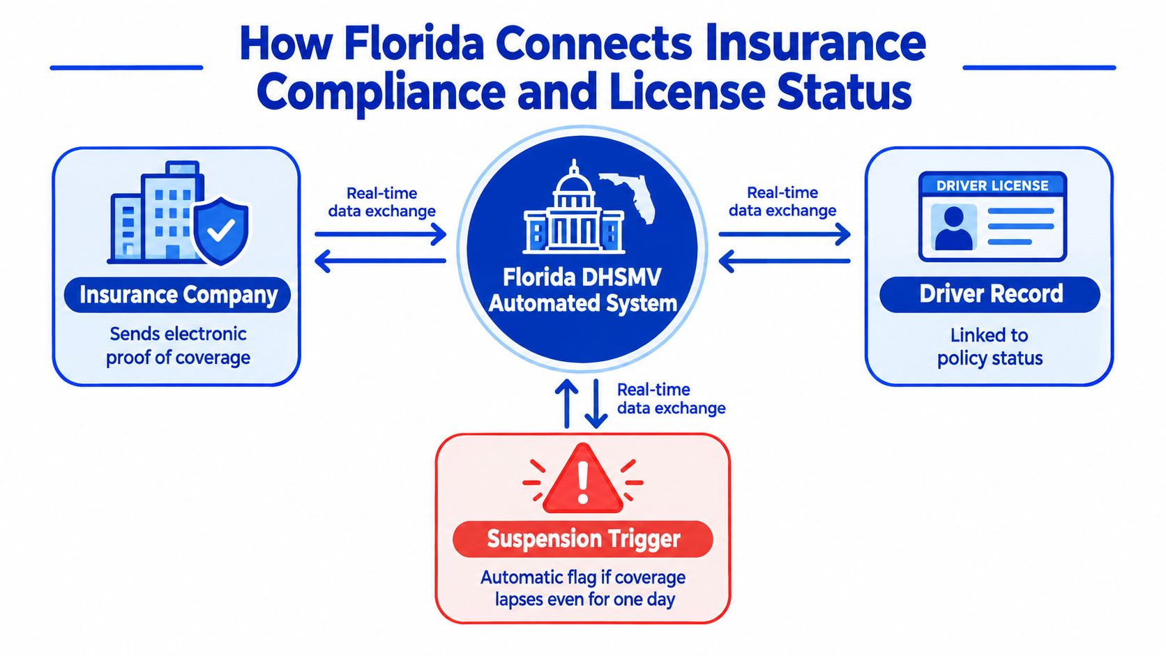A diagram illustrating how the Florida DHSMV automated system connects insurance company coverage with driver license status.