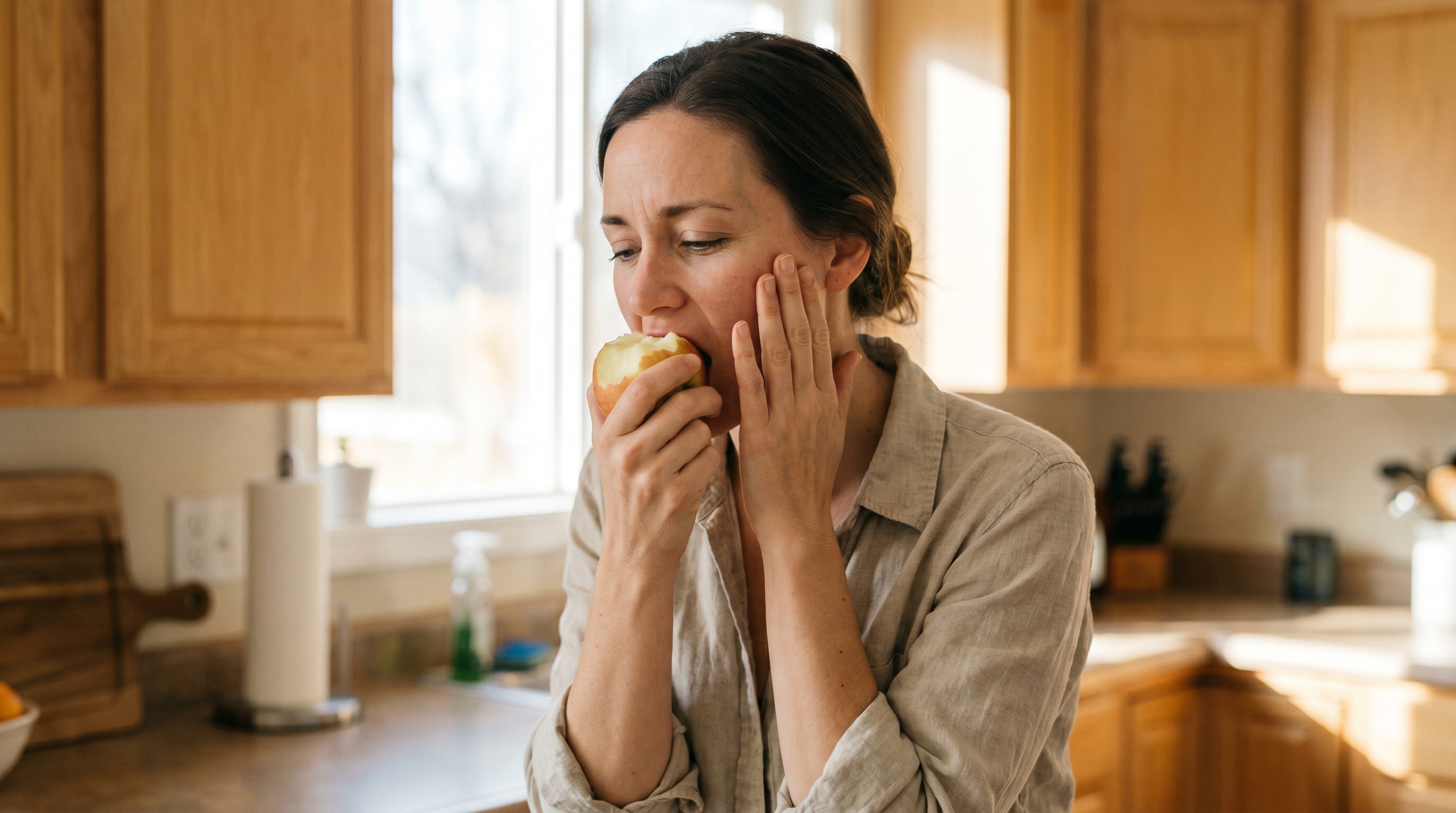 Woman pausing mid-bite of an apple with hand near jaw in a sunlit kitchen