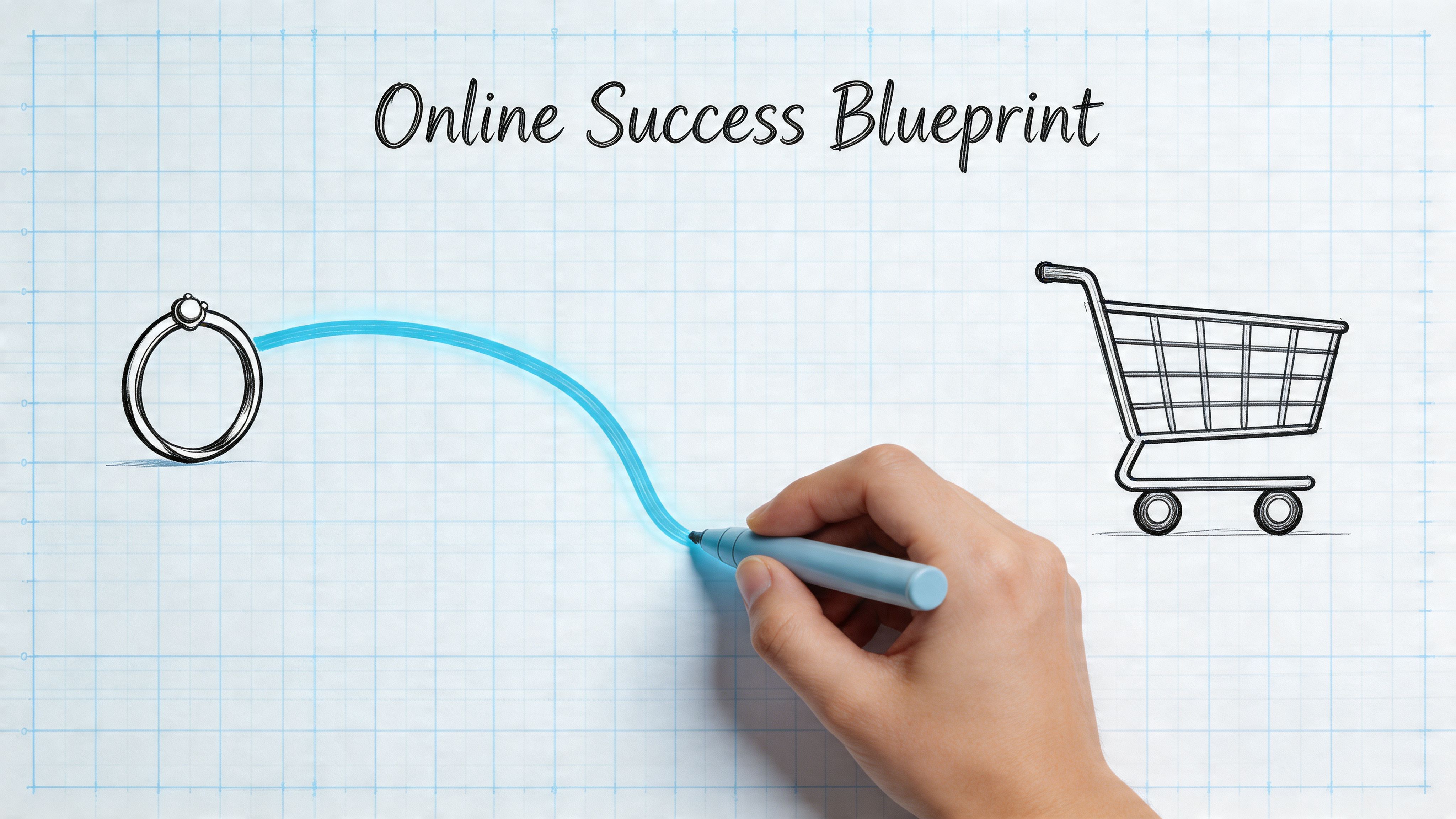 A hand draws a blue line connecting a ring to a shopping cart on graph paper.