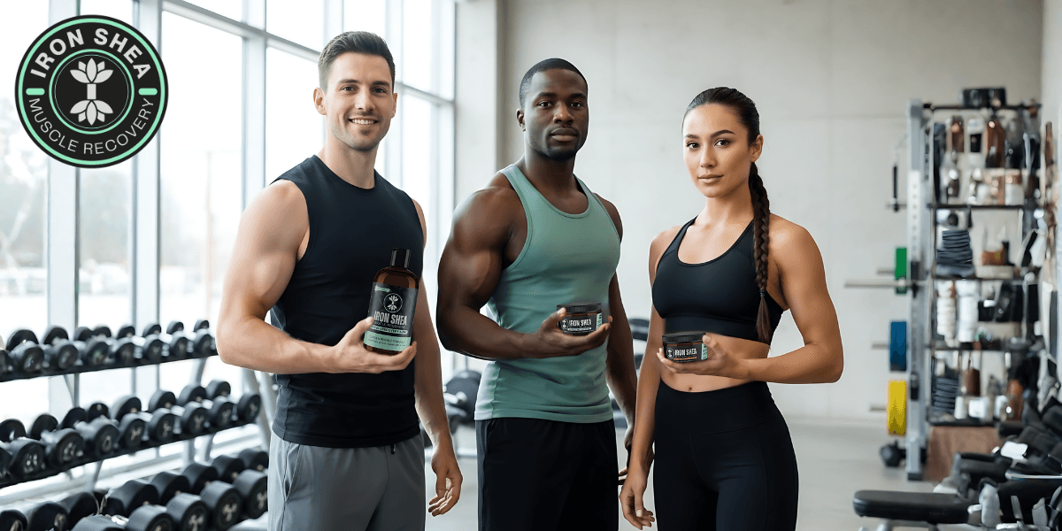 Three athletes in a gym holding Iron Shea muscle recovery products, showcasing strength and focus while promoting natural recovery.