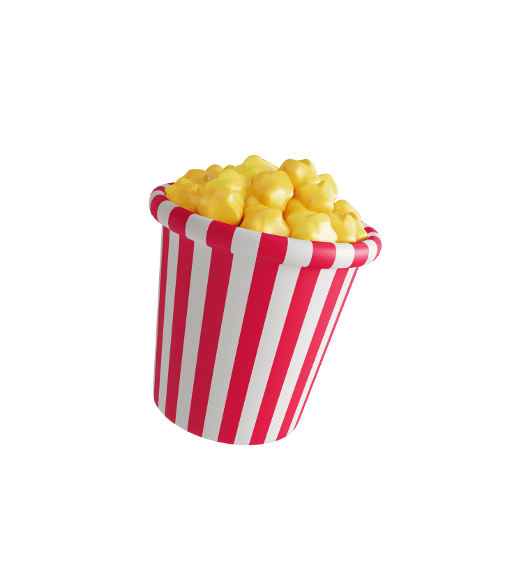 A striped red and white popcorn bucket filled with buttered popcorn sits against a plain background.