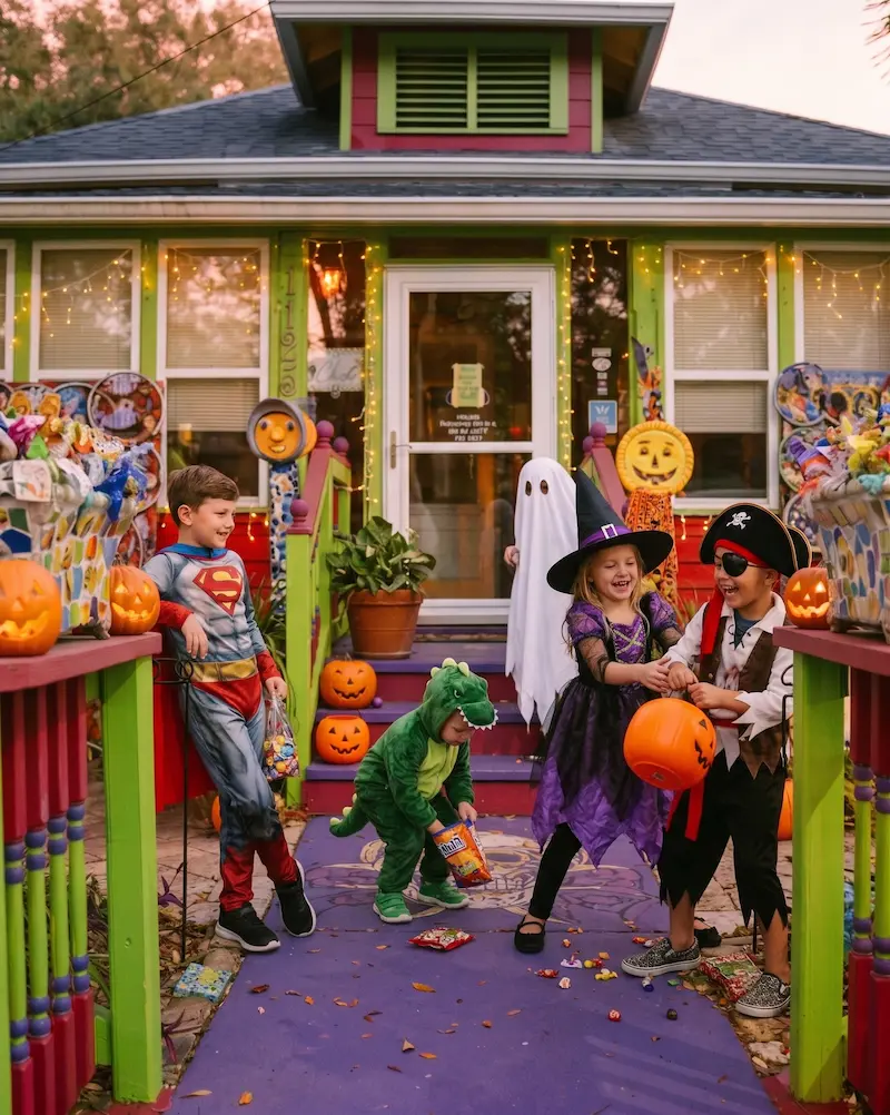 Four children in Halloween costumes, including a ghost, pirate, dinosaur, and superhero, stand with candy bags on a brightly decorated porch with pumpkins and festive lights in Bradenton, FL.