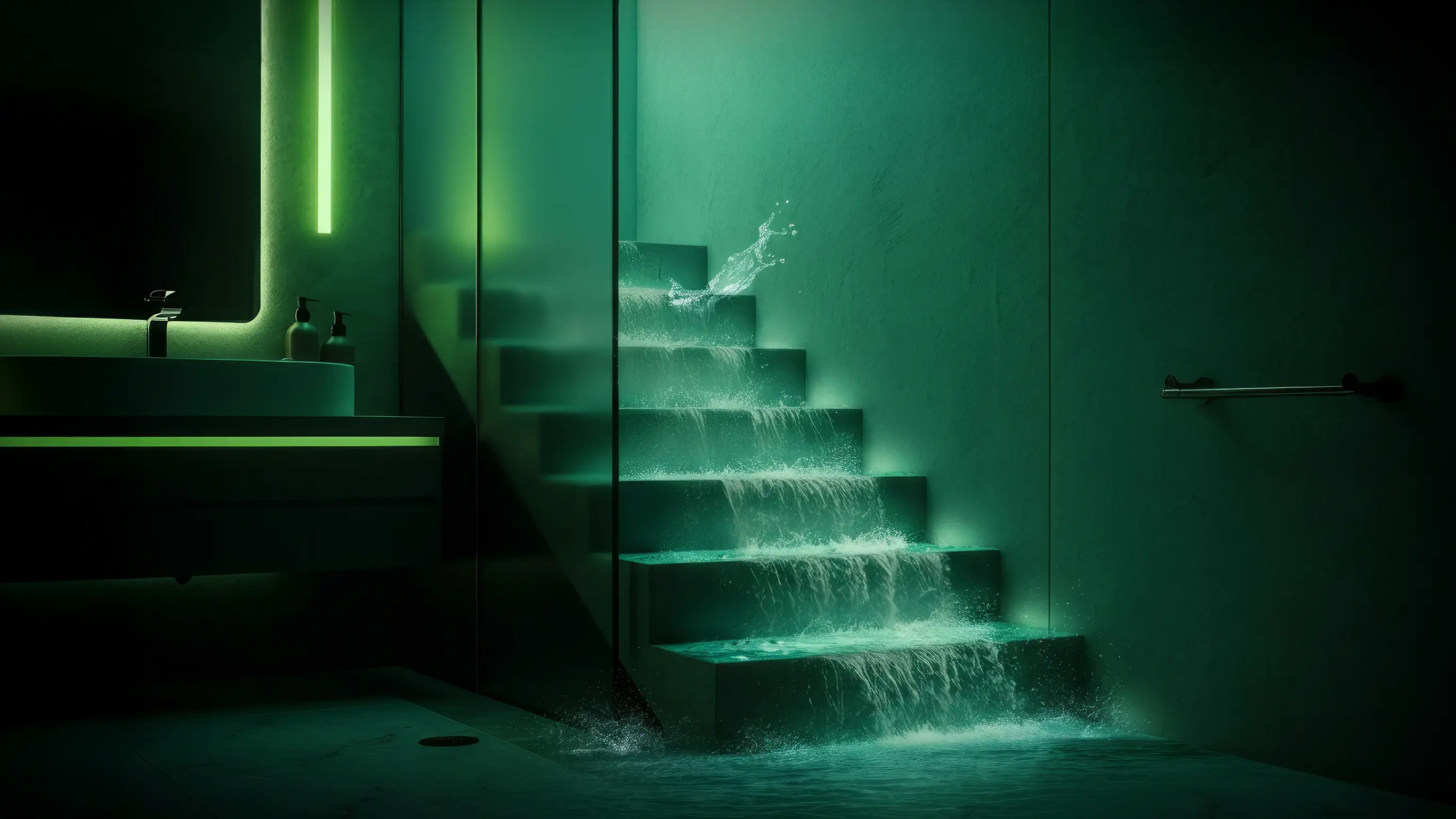 Wasser strömt eine Treppe herunter und flutet ein Badezimmer.