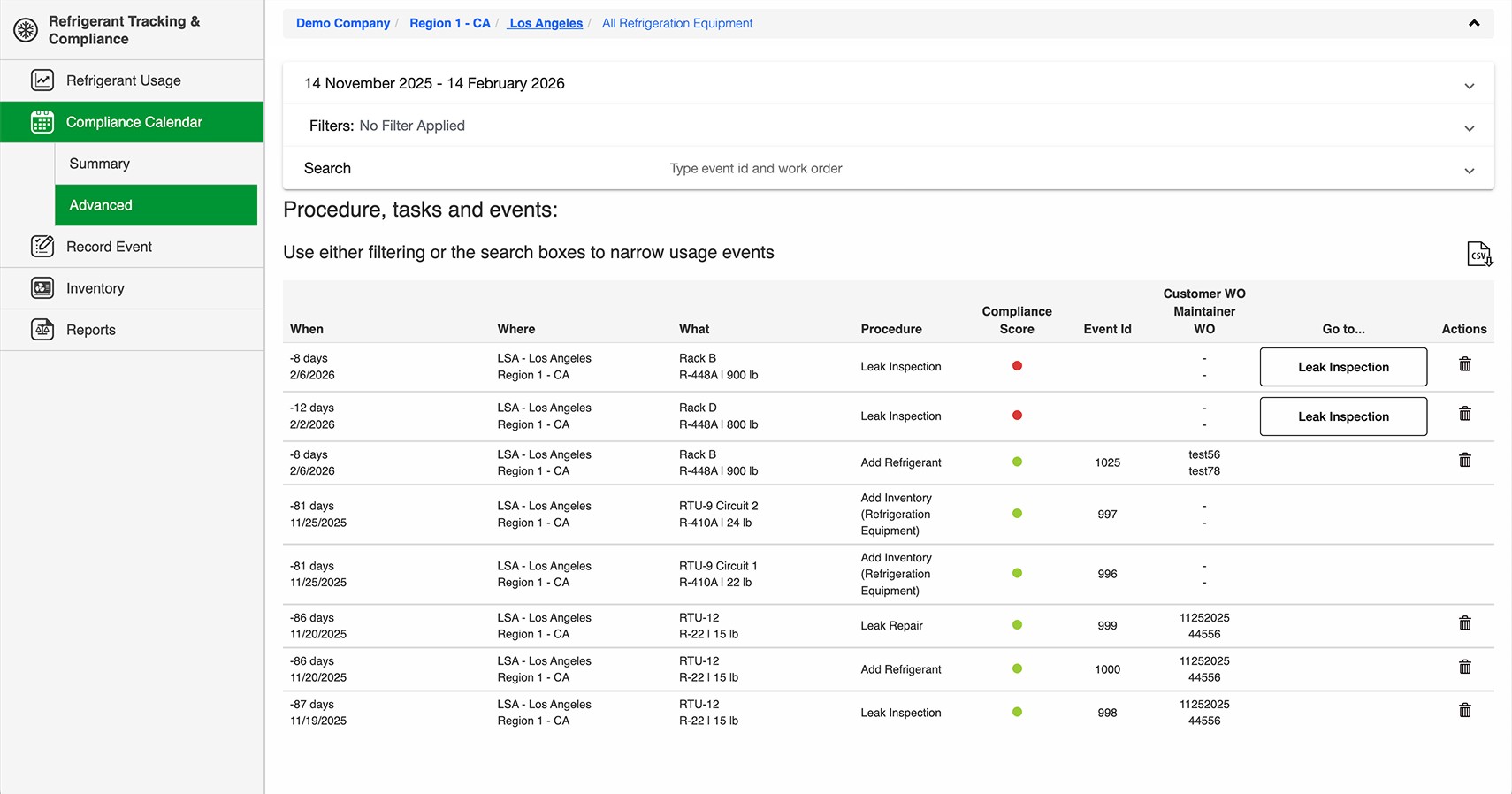 Compliance Calendar view of the legacy system.