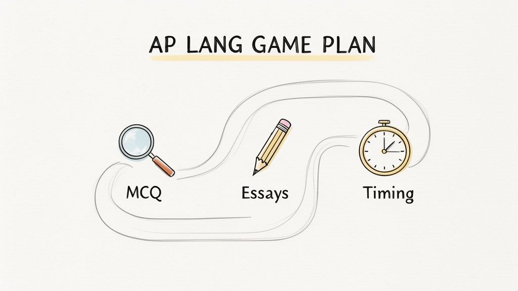 A visual game plan for AP English Language, showing steps for MCQ, essays, and timing.