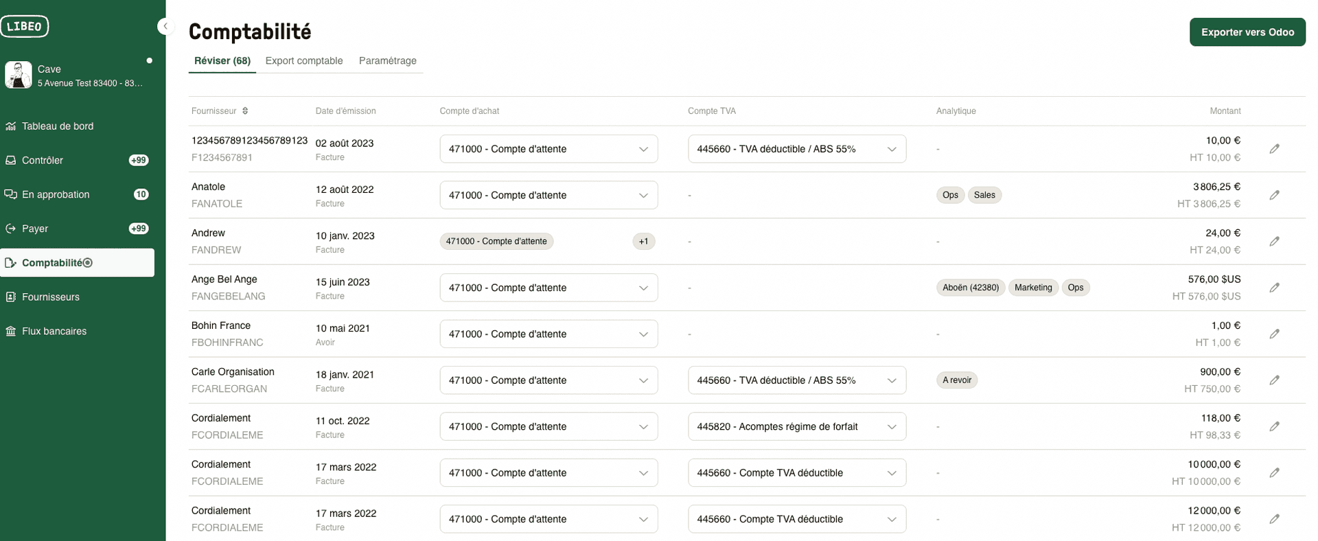 Affectation des comptes comptables