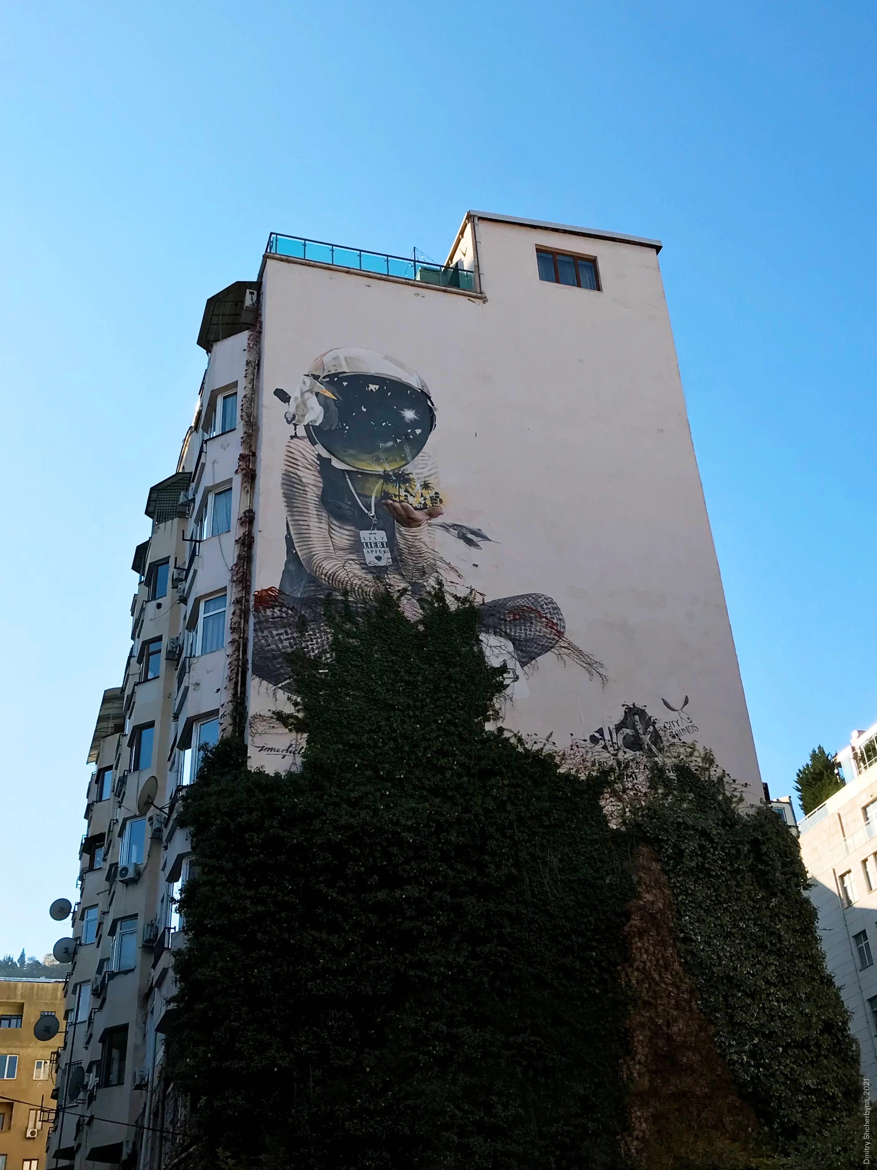 A mural of an astronaut high on an apartment building, wearing a space suit and holding something delicate in one hand, with a star-like visor. The lower part of the mural is partly obscured by climbing ivy.
