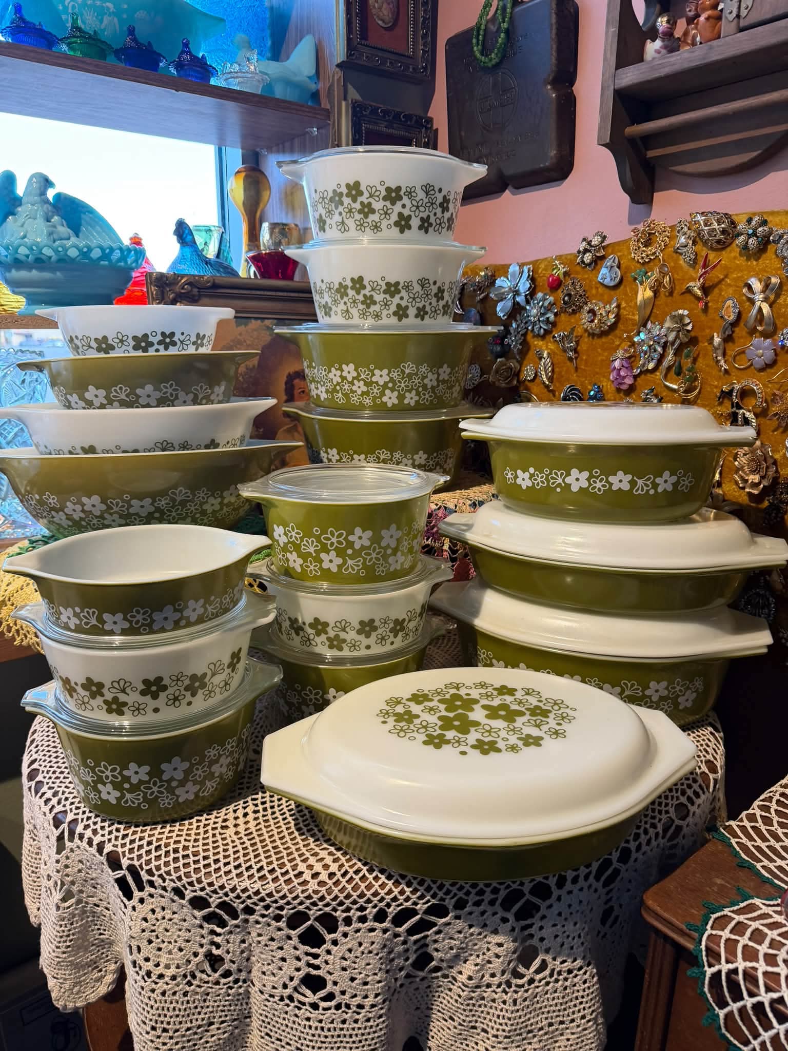 Vintage green and white floral glassware collection