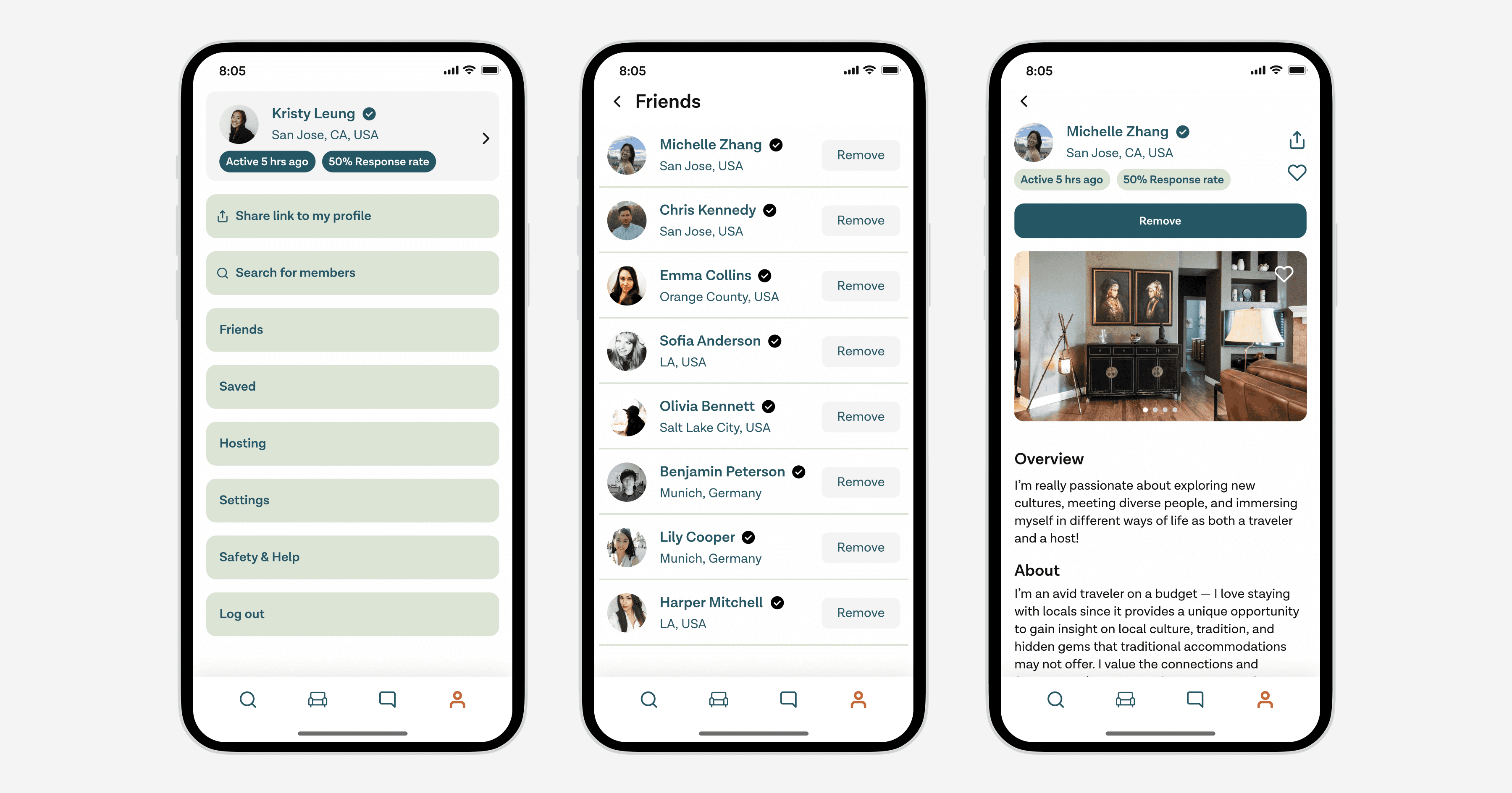 couchsurfing settings and add friends screens