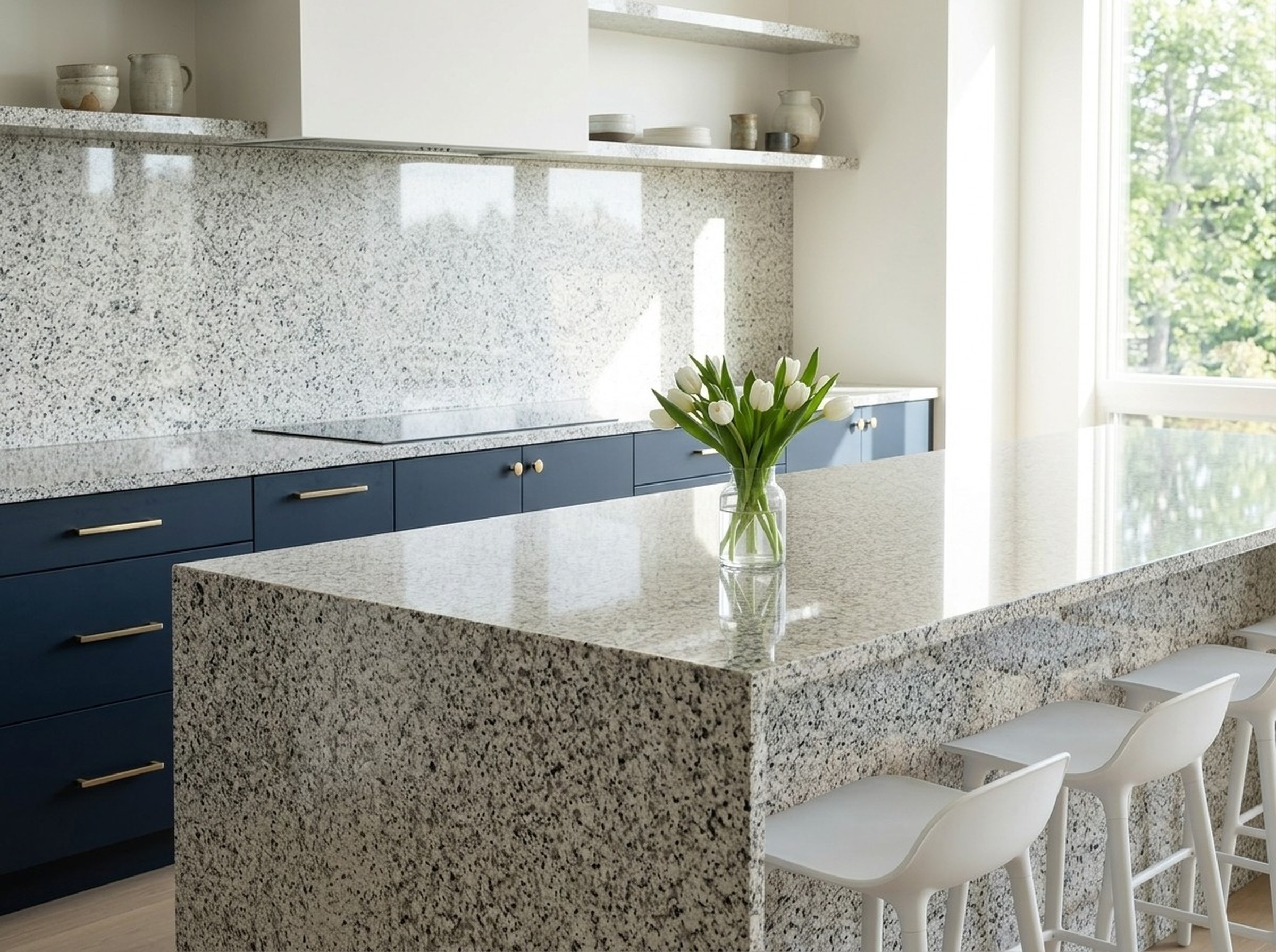 Kitchen island and countertop in Saudi Bianco Polished granite with a bright white, finely speckled surface