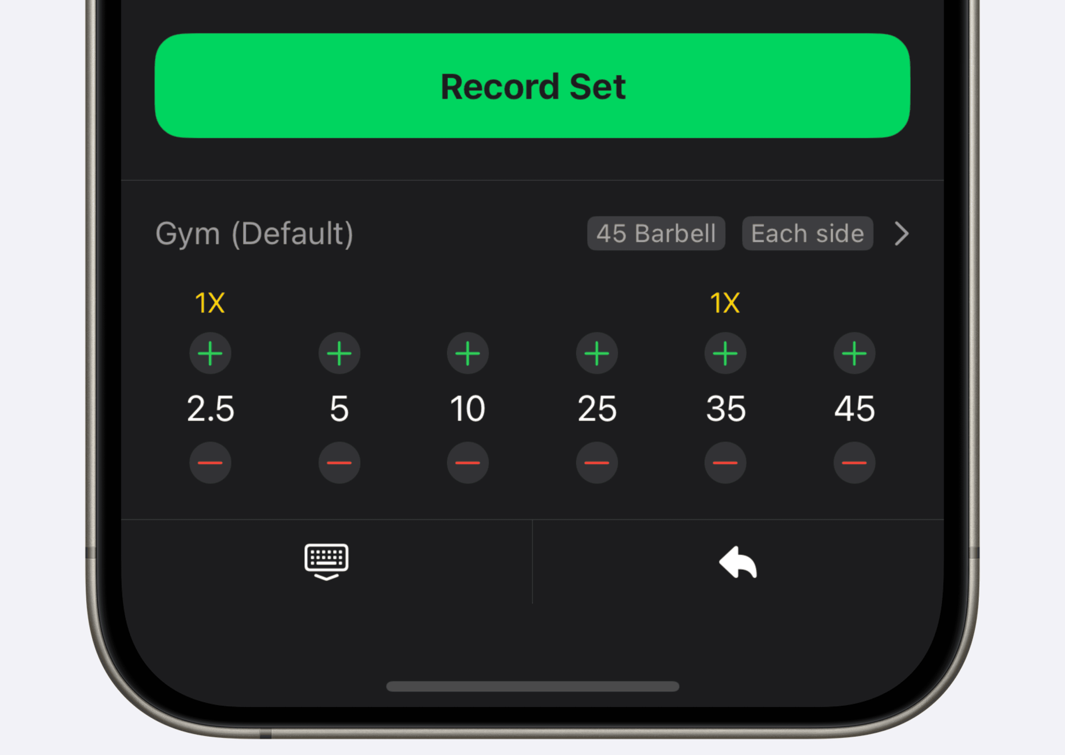 A screenshot of the Setgraph app displaying the weight plate selection interface. The screen includes a green 'Record Set' button at the top, followed by a section to select weight plates. It shows options for different weight plates: 2.5 lb, 5 lb, 10 lb, 25 lb, 35 lb, and 45 lb, each with plus and minus buttons to adjust the quantity. The label 'Gym (Default)' is displayed, along with settings for the type of barbell ('45 Barbell') and indicating weights 'Each side.' The interface uses a dark theme with green highlights for key actions.