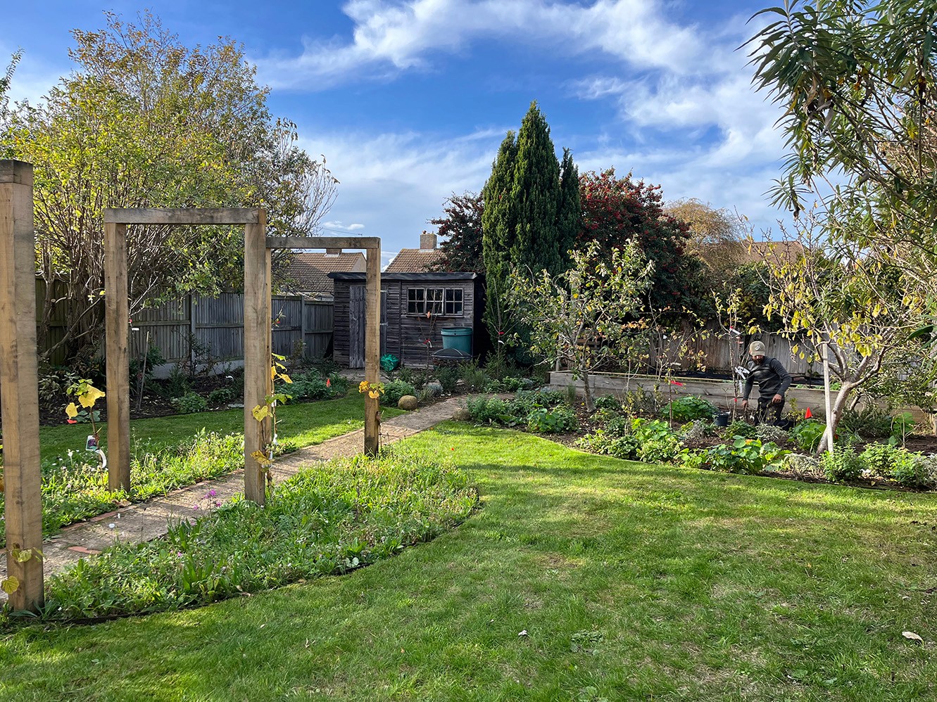 A sunny garden scene featuring green grass, trees, and blue sky with fluffy clouds.