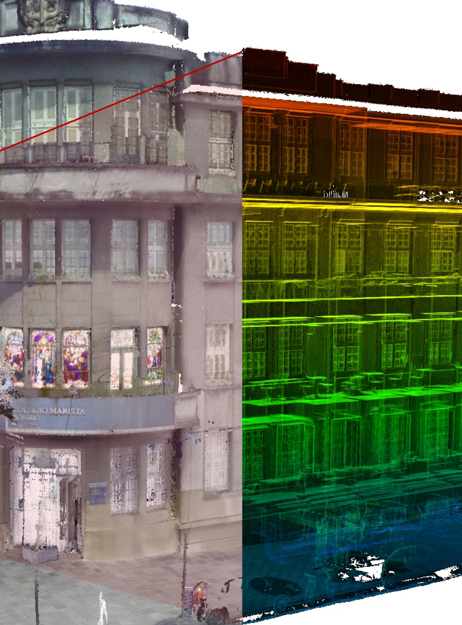 Imagem comparativa da fachada de um edifício histórico (Colégio Marista). O lado esquerdo mostra a foto real e o lado direito exibe a mesma estrutura representada por uma malha térmica de nuvem de pontos em degradê (do azul ao vermelho), destacando a precisão do escaneamento laser.