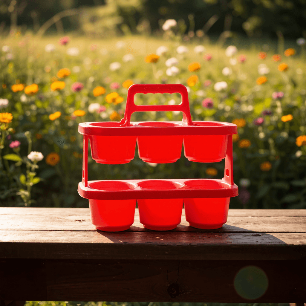 product photography of a red plastic drink carrier with six cup holders