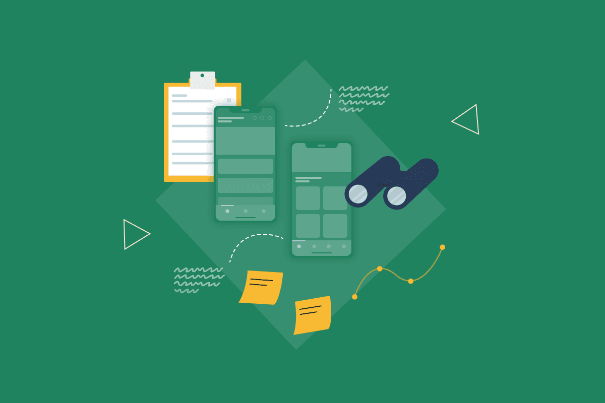 An illustration of two phone mockups, sticky notes, a clip board, sketches, and binoculars, on an emerald green background. 