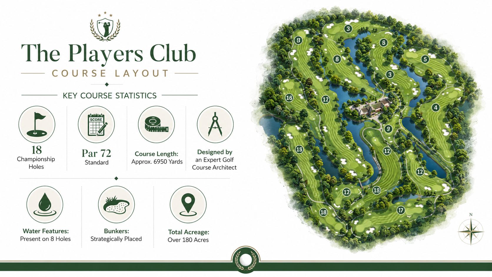 A map and statistics layout for The Players Club golf course showing 18 holes and amenities.
