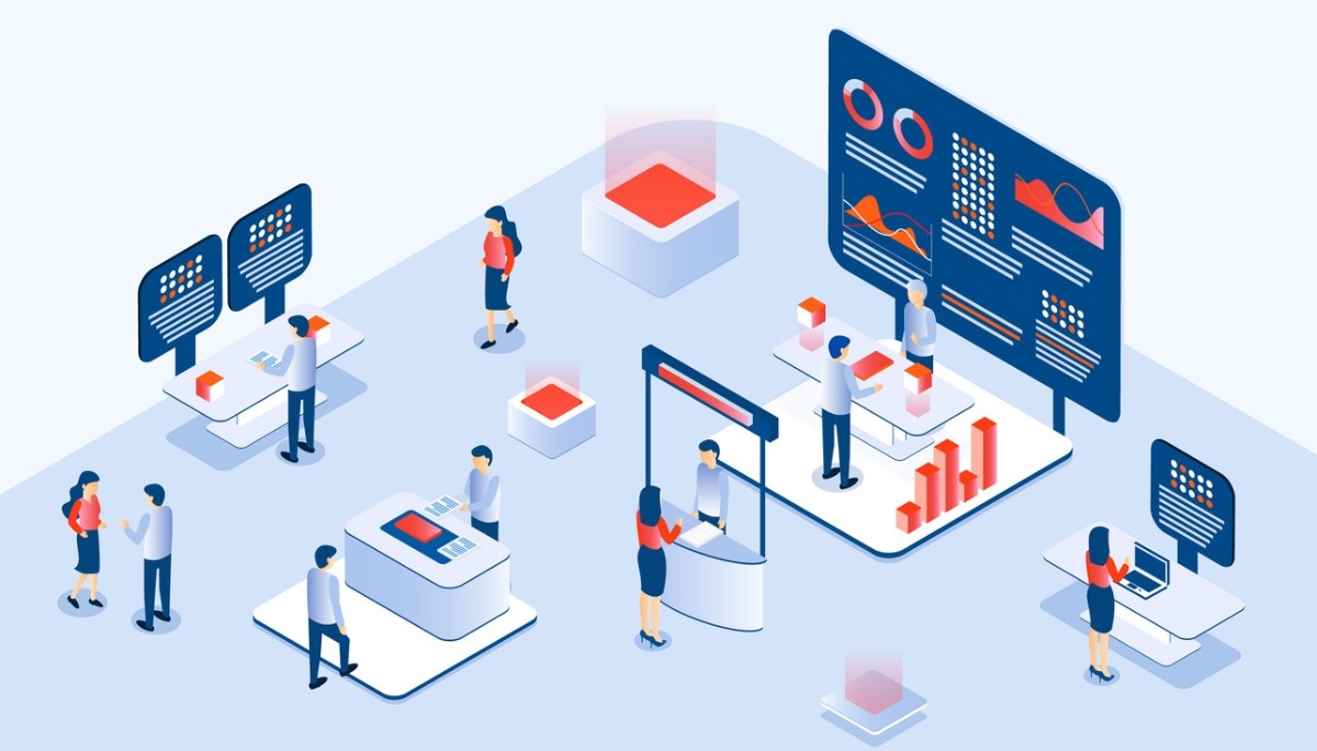 Isometric illustration of a modern tech workspace with people analyzing data, discussing projects, and interacting with digital dashboards—capturing the energy, collaboration, and preparation needed to succeed at a tech career fair.