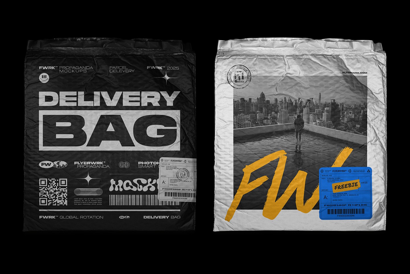 Crinkled Bubble Mailer Mockup displaying industrial black and silver shipping bags with realistic wrinkles and textures