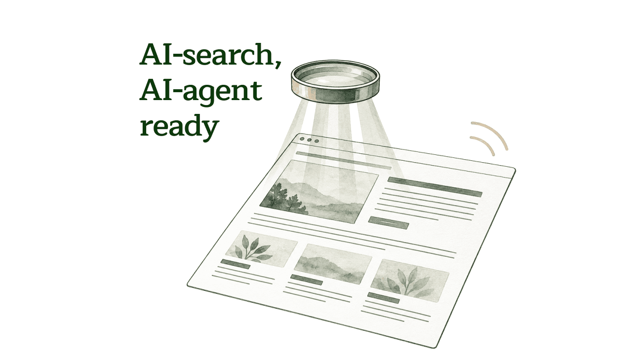Line-drawn web page with a lens scanning its headings, and small signal arcs rising from one corner