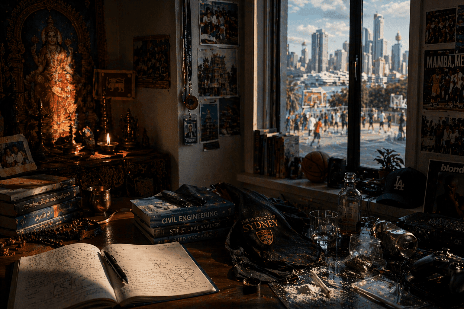 Room divided between traditional Tamil altar and modern urban student environment by a window