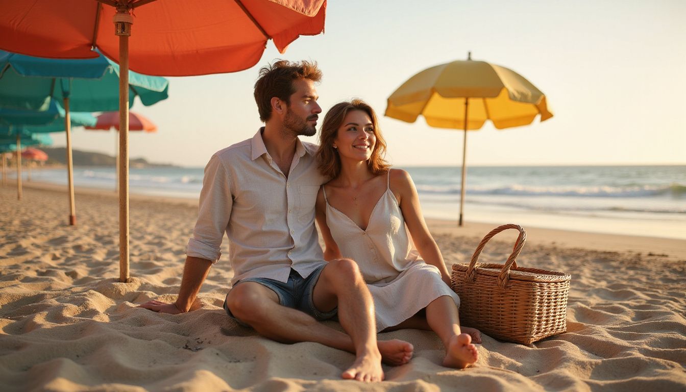 A couple enjoys a peaceful evening on a sandy beach.