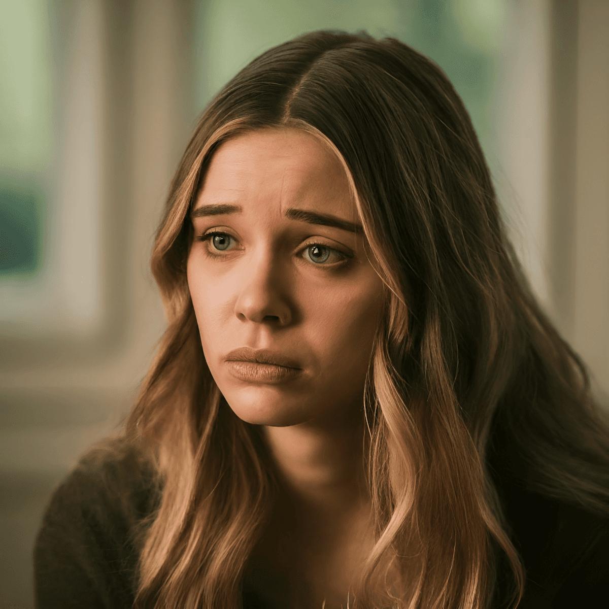 A woman with long, wavy hair looks concerned, her expression slightly furrowed. The soft lighting creates a somber, reflective mood in a blurred indoor setting.