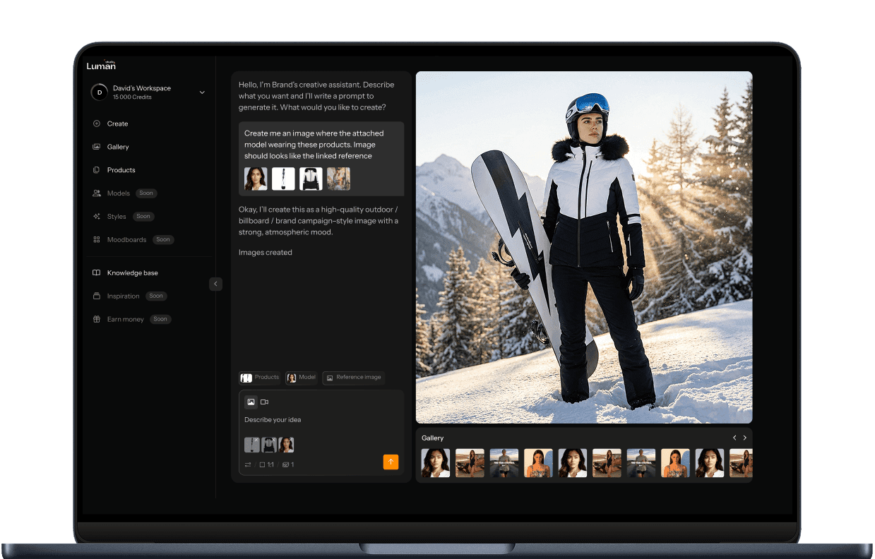 AI visual studio interface showing a full-body female model in ski outfit inside an image editing workspace