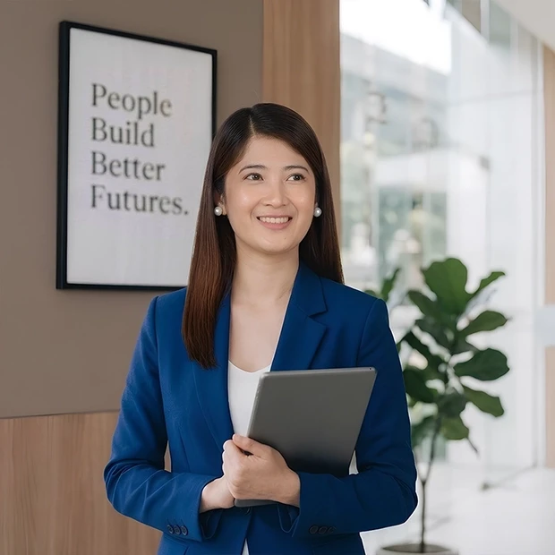 Smiling Asian business professional holding a tablet