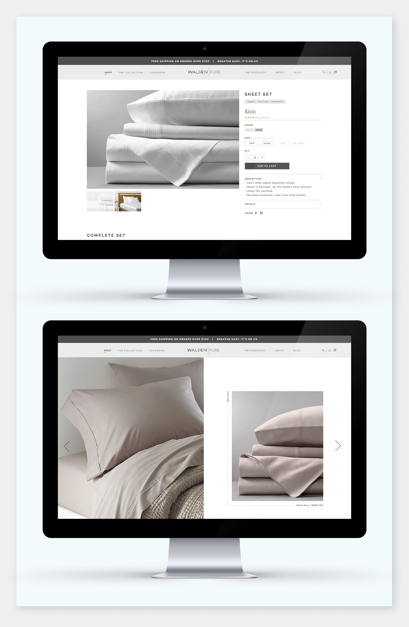 Walden Pure bedding product pages displayed on desktop monitors.