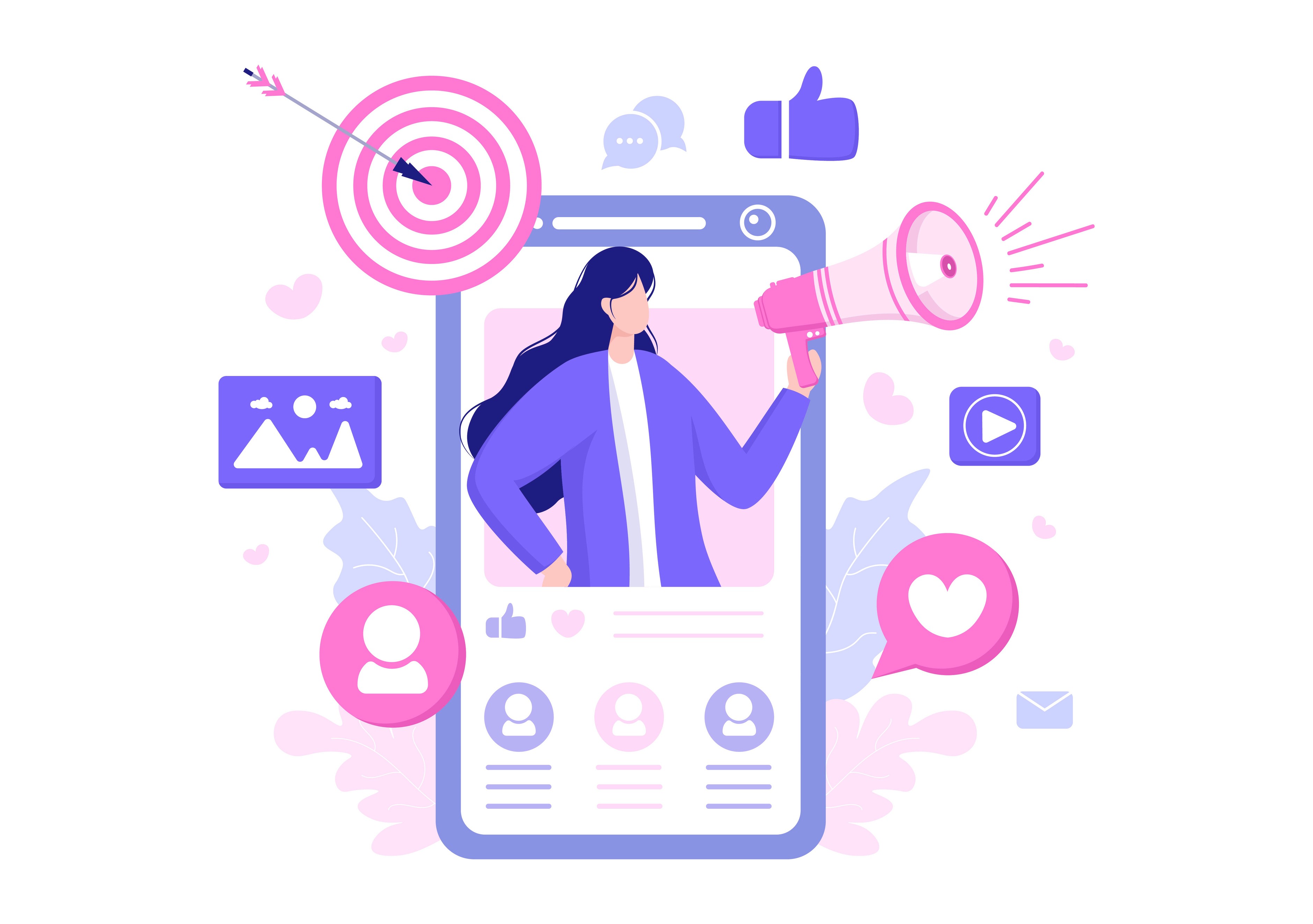 Illustration of a female influencer emerging from a smartphone screen holding a megaphone, surrounded by social media engagement icons and a target, representing influencer marketing campaigns