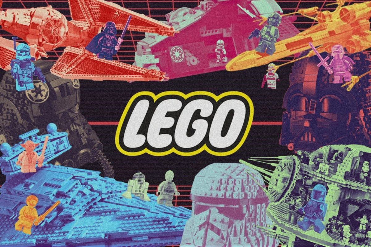 A collage of various Star Wars LEGO sets including starships, helmets, and minifigures all in front of a geometric bacgkround. The LEGO logo sits in the center of the image.